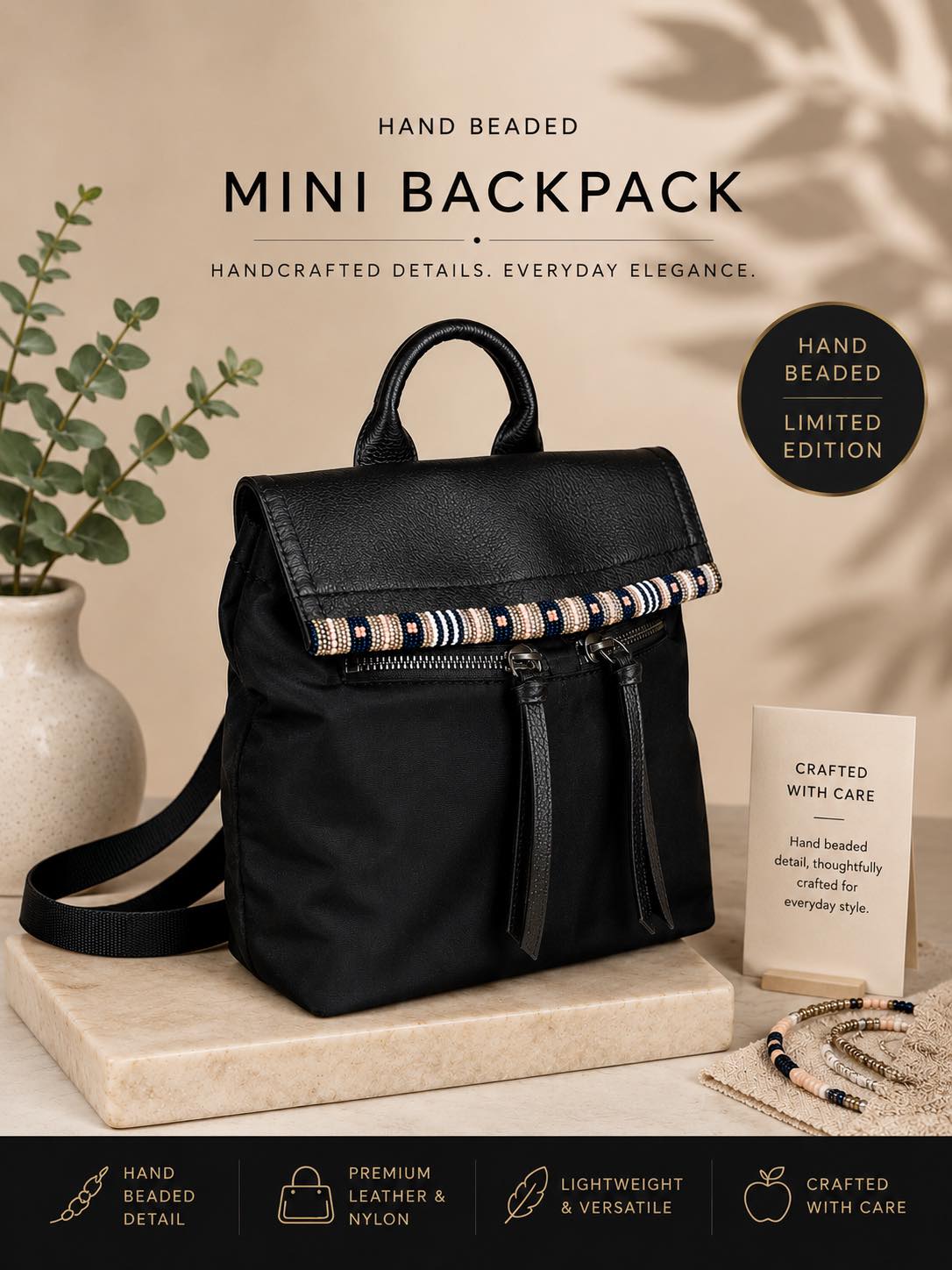 Beaded mini backpack